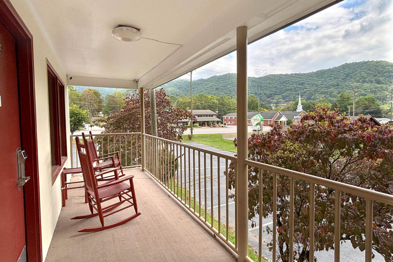 Rocking chairs on 2nd floor balcony of the Castlewood Inn, Maggie Valley